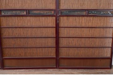 アンティーク建具 漆塗り框 黒柿透かし彫り入りの高級な夏戸4枚セット(引き戸、簾戸、簀戸、葭戸、夏障子、御簾戸、すど)(R-080886)