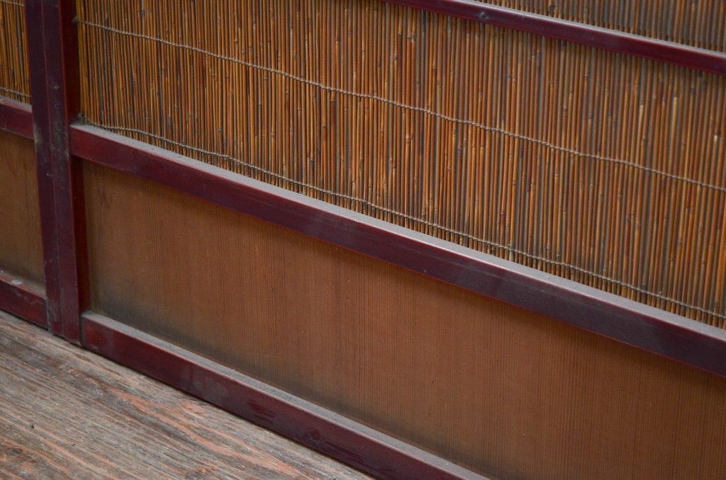 アンティーク建具 漆塗り框 黒柿透かし彫り入りの高級な夏戸4枚セット(引き戸、簾戸、簀戸、葭戸、夏障子、御簾戸、すど)(R-080886)