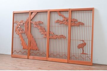 アンティーク建具　松・鶴　縁起物の彫刻が魅力的な片面ガラスの書院戸4枚セット(窓、引き戸、ガラス戸)(R-080924)