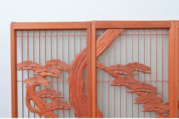 アンティーク建具　松・鶴　縁起物の彫刻が魅力的な片面ガラスの書院戸4枚セット(窓、引き戸、ガラス戸)(R-080924)