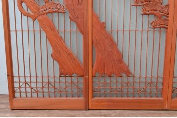 アンティーク建具　松・鶴　縁起物の彫刻が魅力的な片面ガラスの書院戸4枚セット(窓、引き戸、ガラス戸)(R-080924)