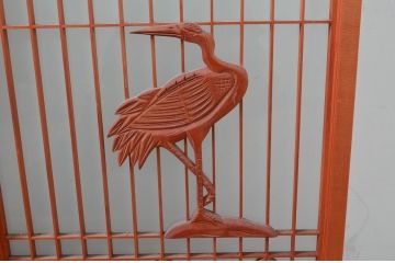 アンティーク建具　松・鶴　縁起物の彫刻が魅力的な片面ガラスの書院戸4枚セット(窓、引き戸、ガラス戸)(R-080924)