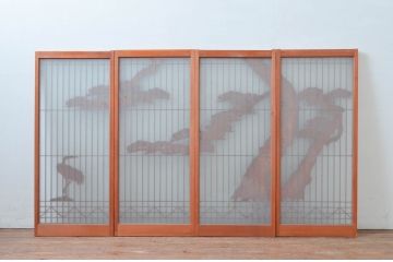 アンティーク建具　松・鶴　縁起物の彫刻が魅力的な片面ガラスの書院戸4枚セット(窓、引き戸、ガラス戸)(R-080924)