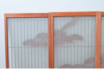 アンティーク建具　松・鶴　縁起物の彫刻が魅力的な片面ガラスの書院戸4枚セット(窓、引き戸、ガラス戸)(R-080924)