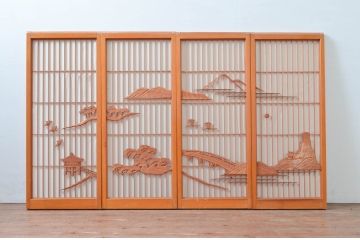 アンティーク建具　大胆かつ繊細な彫刻が美しい障子付き書院戸4枚セット(窓、引き戸、障子戸)(R-080925)