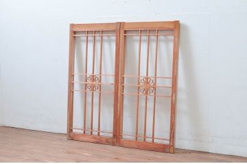 アンティーク建具　花　和の情緒溢れる組子入り障子窓2枚セット(引き戸、障子戸)(R-080927)