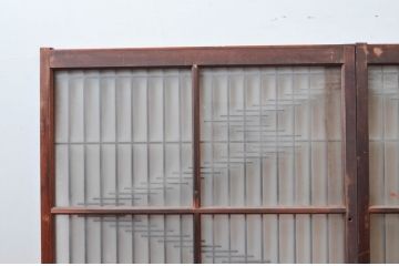 アンティーク建具　和の空間づくりにおすすめな格子入りガラス窓2枚セット(引き戸、ガラス戸、格子戸、組子)(R-080935)