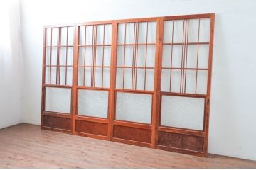 アンティーク建具　どこか懐かしい雰囲気漂うモールガラス入りの幅狭ガラス戸4枚セット(引き戸、ガラス戸)(R-080942)