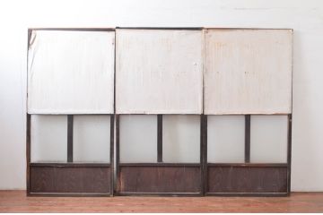 アンティーク建具　懐かしさ漂うガラス入り格子戸3枚セット(ガラス戸、引き戸)(R-080943)
