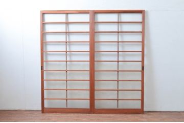 ビンテージ建具　昭和レトロ　花のデザインが魅力のガラス戸2枚セット(引き戸)(R-080948)