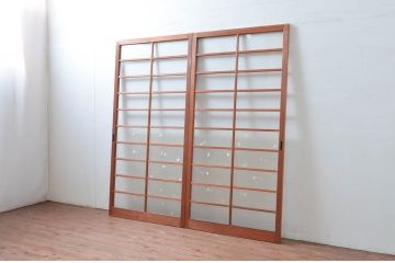 ビンテージ建具　昭和レトロ　花のデザインが魅力のガラス戸2枚セット(引き戸)(R-080948)