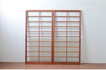 ビンテージ建具　昭和レトロ　花のデザインが魅力のガラス戸2枚セット(引き戸)(R-080948)