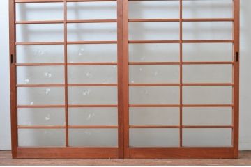 ビンテージ建具　昭和レトロ　花のデザインが魅力のガラス戸2枚セット(引き戸)(R-080948)