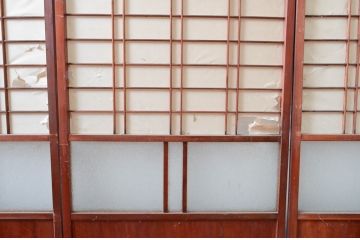 アンティーク建具　古民家インテリアにもおすすめのガラス入り障子戸3枚セット(引き戸、ガラス帯戸)(R-080957)