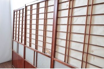 アンティーク建具　古民家インテリアにもおすすめのガラス入り障子戸3枚セット(引き戸、ガラス帯戸)(R-080957)