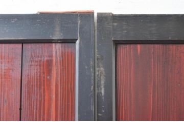 アンティーク建具　大正期　漆塗り　模様入りのガラスが魅力的な幅広ガラス帯戸2枚セット(引き戸)(R-080968)