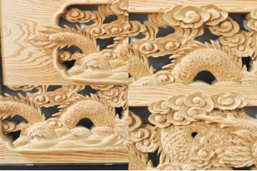 ビンテージ建具　杉(スギ)材　躍動感ある龍(竜)が見事な両面彫刻欄間(明かり取り、明り取り、ヴィンテージ)(R-080973)