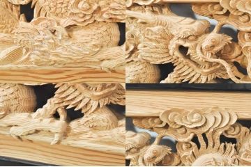 ビンテージ建具　杉(スギ)材　躍動感ある龍(竜)が見事な両面彫刻欄間(明かり取り、明り取り、ヴィンテージ)(R-080973)