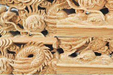 ビンテージ建具　杉(スギ)材　躍動感ある龍(竜)が見事な両面彫刻欄間(明かり取り、明り取り、ヴィンテージ)(R-080973)