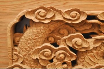 ビンテージ建具　杉(スギ)材　躍動感ある龍(竜)が見事な両面彫刻欄間(明かり取り、明り取り、ヴィンテージ)(R-080973)