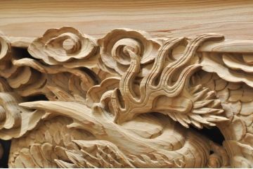 ビンテージ建具　杉(スギ)材　躍動感ある龍(竜)が見事な両面彫刻欄間(明かり取り、明り取り、ヴィンテージ)(R-080973)