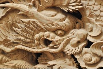 ビンテージ建具　杉(スギ)材　躍動感ある龍(竜)が見事な両面彫刻欄間(明かり取り、明り取り、ヴィンテージ)(R-080973)