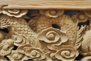 ビンテージ建具　杉(スギ)材　躍動感ある龍(竜)が見事な両面彫刻欄間(明かり取り、明り取り、ヴィンテージ)(R-080973)