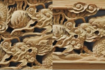 ビンテージ建具　杉(スギ)材　躍動感ある龍(竜)が見事な両面彫刻欄間(明かり取り、明り取り、ヴィンテージ)(R-080973)
