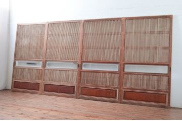 アンティーク建具　腰板欅(ケヤキ)材　和の風情感じられる裏障子付きの格子戸4枚セット(引き戸、障子戸)(R-080983)