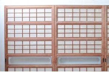アンティーク建具　腰板欅(ケヤキ)材　和の風情感じられる裏障子付きの格子戸4枚セット(引き戸、障子戸)(R-080983)