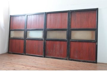 アンティーク建具　古民家インテリアの空間づくりにおすすめなガラス帯戸4枚セット(引き戸、板戸)(R-080984)