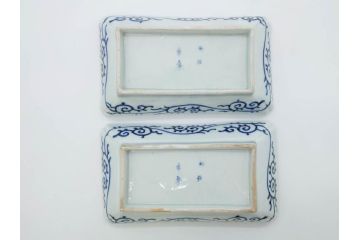 江戸期　成化年製　古伊万里　染付　微塵唐草　松竹梅文　約20cm　6.6寸　お料理を引き立ててくれる長皿2枚セット(角皿、和食器、和皿、六寸六分)(R-080999)