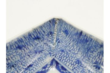 江戸期　成化年製　古伊万里　染付　微塵唐草　松竹梅文　約20cm　6.6寸　お料理を引き立ててくれる長皿2枚セット(角皿、和食器、和皿、六寸六分)(R-080999)