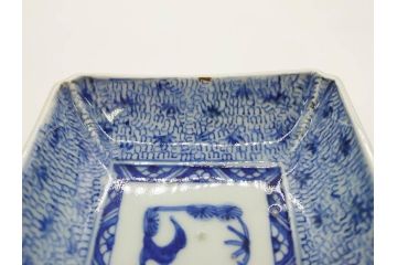 江戸期　成化年製　古伊万里　染付　微塵唐草　松竹梅文　約20cm　6.6寸　お料理を引き立ててくれる長皿2枚セット(角皿、和食器、和皿、六寸六分)(R-080999)