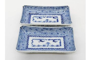 江戸期　成化年製　古伊万里　染付　微塵唐草　松竹梅文　約20cm　6.6寸　匠の美技が光る長皿2枚セット(角皿、和食器、和皿、六寸六分)(R-081000)