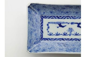 江戸期　成化年製　古伊万里　染付　微塵唐草　松竹梅文　約20cm　6.6寸　匠の美技が光る長皿2枚セット(角皿、和食器、和皿、六寸六分)(R-081000)