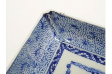 江戸期　成化年製　古伊万里　染付　微塵唐草　松竹梅文　約20cm　6.6寸　匠の美技が光る長皿2枚セット(角皿、和食器、和皿、六寸六分)(R-081000)