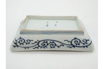 江戸期　成化年製　古伊万里　染付　微塵唐草　松竹梅文　約20cm　6.6寸　匠の美技が光る長皿2枚セット(角皿、和食器、和皿、六寸六分)(R-081000)