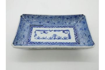 江戸期　成化年製　古伊万里　染付　微塵唐草　松竹梅文　約20cm　6.6寸　匠の美技が光る長皿2枚セット(角皿、和食器、和皿、六寸六分)(R-081000)