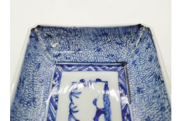 江戸期　成化年製　古伊万里　染付　微塵唐草　松竹梅文　約20cm　6.6寸　匠の美技が光る長皿2枚セット(角皿、和食器、和皿、六寸六分)(R-081000)