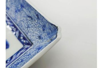 江戸期　成化年製　古伊万里　染付　微塵唐草　松竹梅文　約20cm　6.6寸　匠の美技が光る長皿2枚セット(角皿、和食器、和皿、六寸六分)(R-081000)