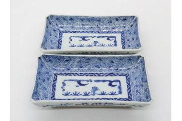 江戸期　成化年製　古伊万里　染付　微塵唐草　松竹梅文　約20cm　6.6寸　落ち着いた佇まいの長皿2枚セット(角皿、和食器、和皿、六寸六分)(R-081001)