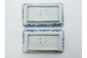 江戸期　成化年製　古伊万里　染付　微塵唐草　松竹梅文　約20cm　6.6寸　落ち着いた佇まいの長皿2枚セット(角皿、和食器、和皿、六寸六分)(R-081001)