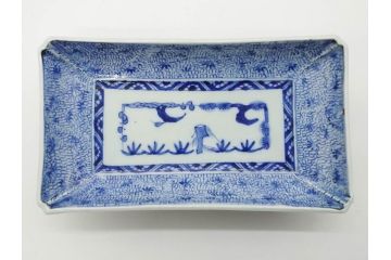江戸期　成化年製　古伊万里　染付　微塵唐草　松竹梅文　約20cm　6.6寸　落ち着いた佇まいの長皿2枚セット(角皿、和食器、和皿、六寸六分)(R-081001)