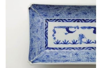 江戸期　成化年製　古伊万里　染付　微塵唐草　松竹梅文　約20cm　6.6寸　落ち着いた佇まいの長皿2枚セット(角皿、和食器、和皿、六寸六分)(R-081001)