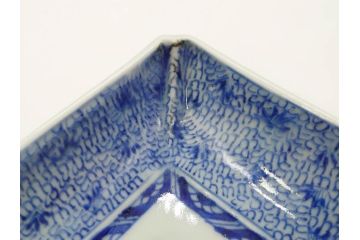 江戸期　成化年製　古伊万里　染付　微塵唐草　松竹梅文　約20cm　6.6寸　落ち着いた佇まいの長皿2枚セット(角皿、和食器、和皿、六寸六分)(R-081001)