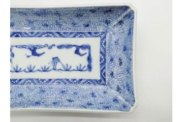 江戸期　成化年製　古伊万里　染付　微塵唐草　松竹梅文　約20cm　6.6寸　落ち着いた佇まいの長皿2枚セット(角皿、和食器、和皿、六寸六分)(R-081001)