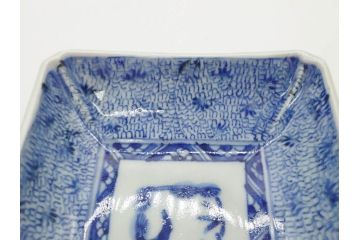 江戸期　成化年製　古伊万里　染付　微塵唐草　松竹梅文　約21cm　6.7寸　和の雰囲気漂う長皿2枚セット(角皿、和食器、和皿、六寸七分)(R-081002)