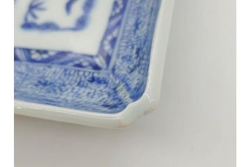 江戸期　成化年製　古伊万里　染付　微塵唐草　松竹梅文　約21cm　6.7寸　和の雰囲気漂う長皿2枚セット(角皿、和食器、和皿、六寸七分)(R-081002)