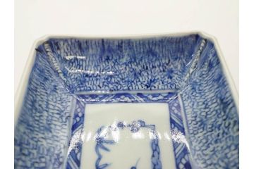 江戸期　成化年製　古伊万里　染付　微塵唐草　松竹梅文　約21cm　6.7寸　和の雰囲気漂う長皿2枚セット(角皿、和食器、和皿、六寸七分)(R-081002)